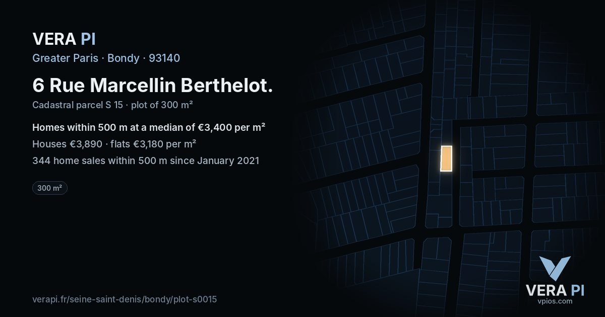 6 Rue Marcellin Berthelot, Bondy at night – the plot lit, the parcels around coloured by the prices near them