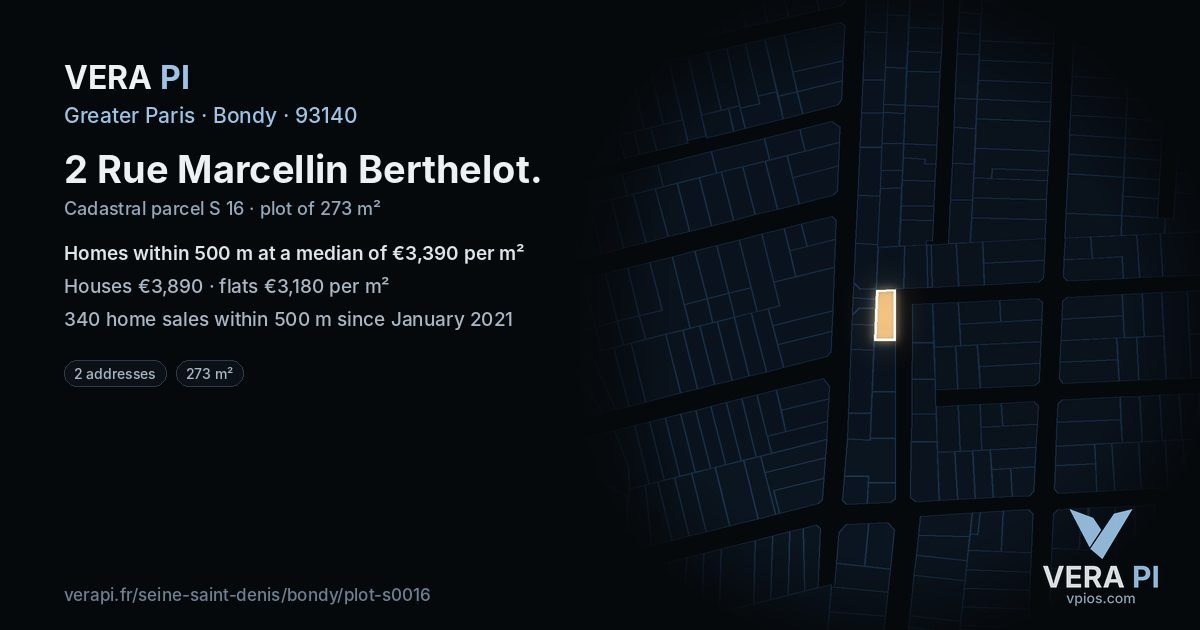 2 Rue Marcellin Berthelot, Bondy at night – the plot lit, the parcels around coloured by the prices near them