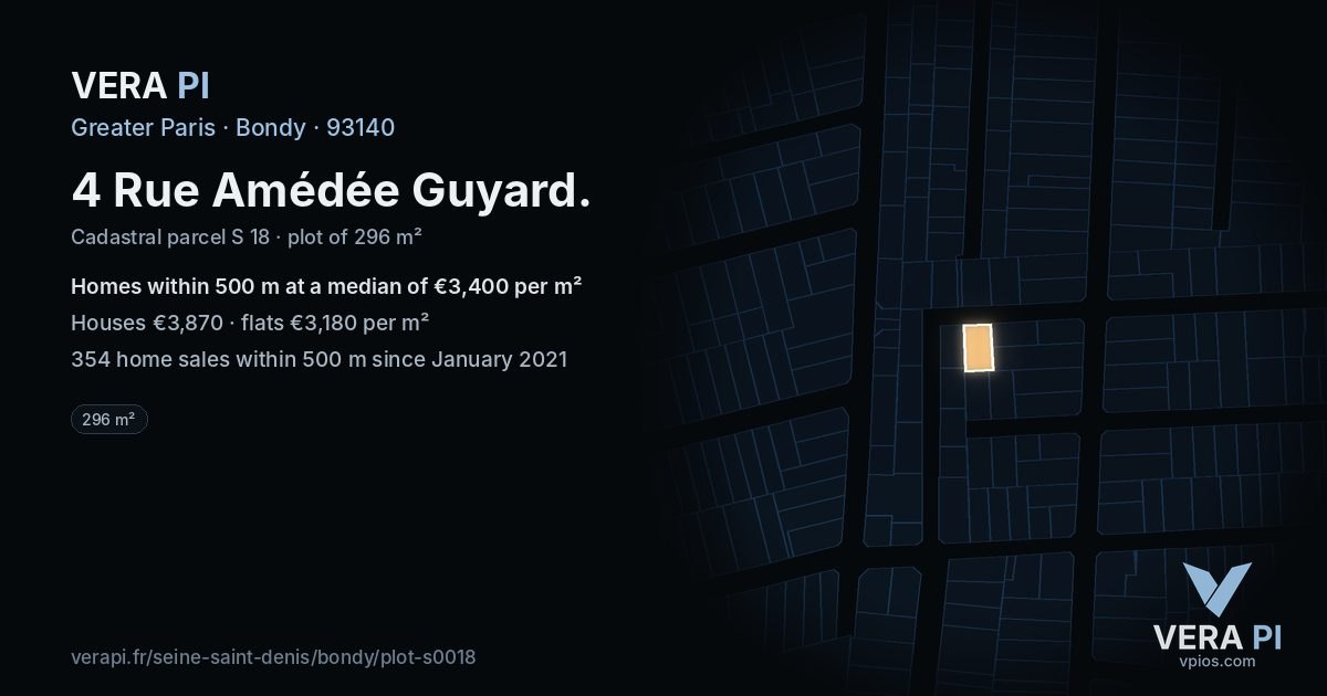 4 Rue Amédée Guyard, Bondy at night – the plot lit, the parcels around coloured by the prices near them