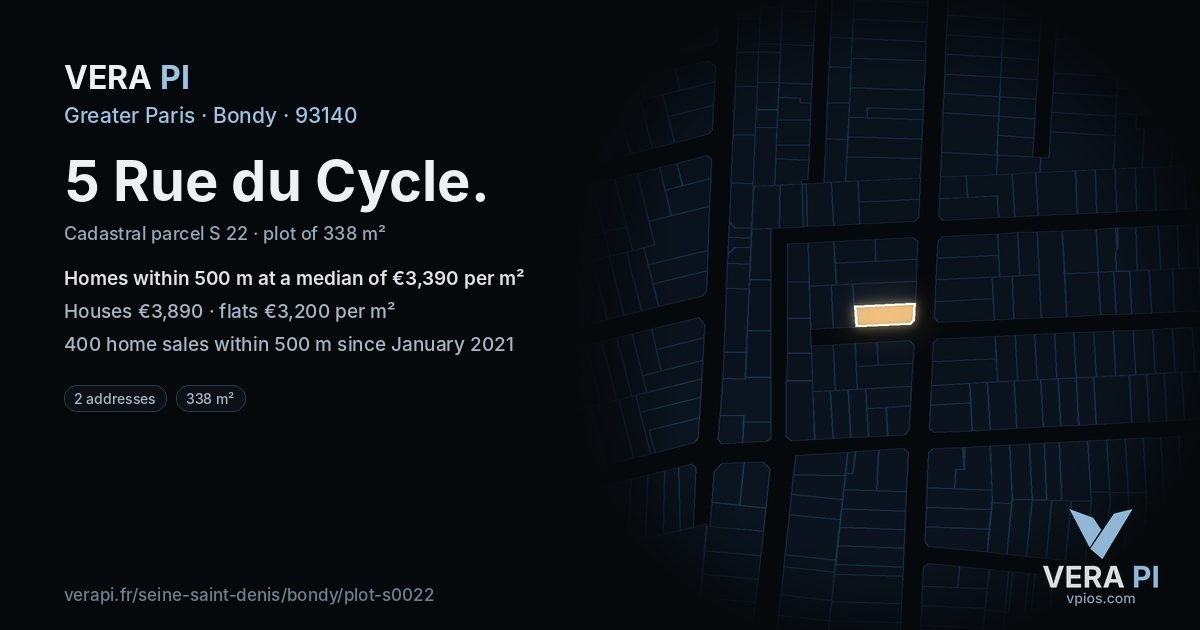 5 Rue du Cycle, Bondy at night – the plot lit, the parcels around coloured by the prices near them
