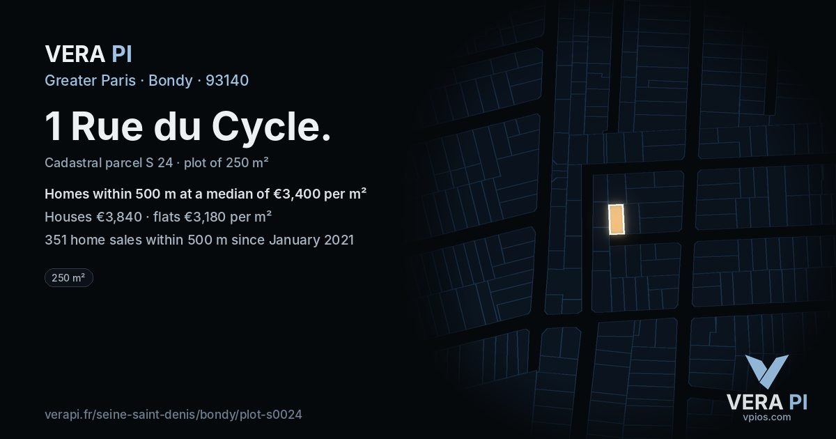 1 Rue du Cycle, Bondy at night – the plot lit, the parcels around coloured by the prices near them