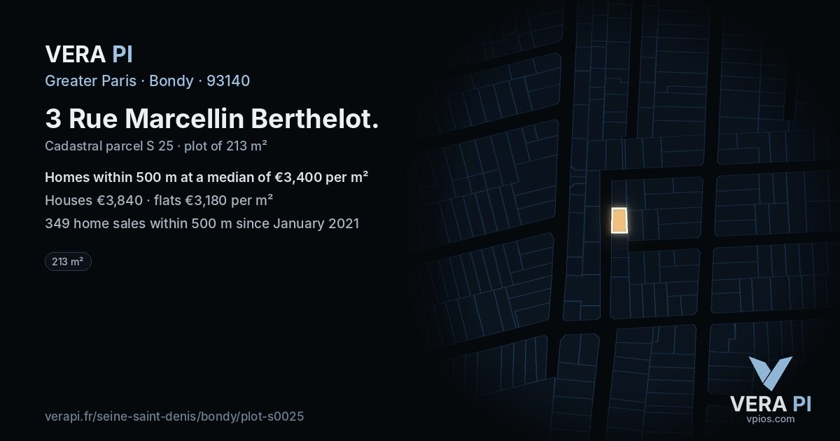 3 Rue Marcellin Berthelot, Bondy at night – the plot lit, the parcels around coloured by the prices near them