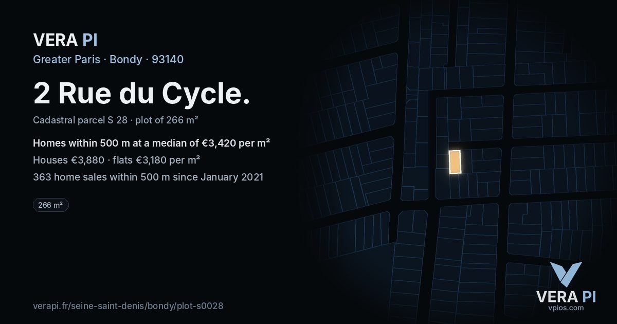 2 Rue du Cycle, Bondy at night – the plot lit, the parcels around coloured by the prices near them