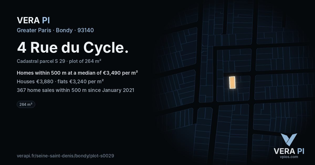 4 Rue du Cycle, Bondy at night – the plot lit, the parcels around coloured by the prices near them