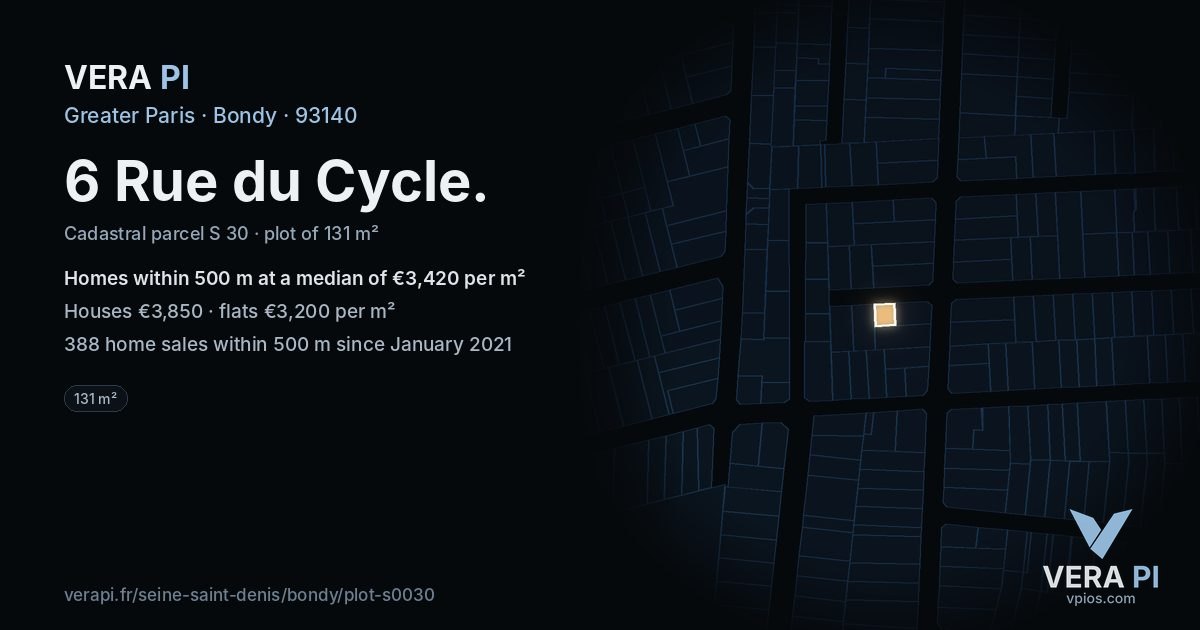 6 Rue du Cycle, Bondy at night – the plot lit, the parcels around coloured by the prices near them