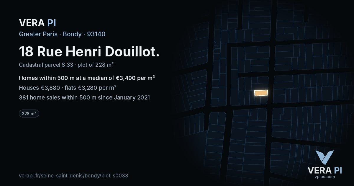 18 Rue Henri Douillot, Bondy at night – the plot lit, the parcels around coloured by the prices near them