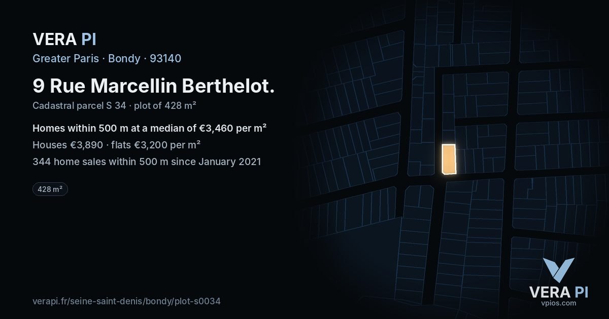 9 Rue Marcellin Berthelot, Bondy at night – the plot lit, the parcels around coloured by the prices near them