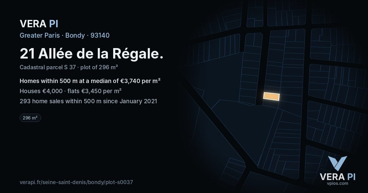 21 Allée de la Régale, Bondy at night – the plot lit, the parcels around coloured by the prices near them