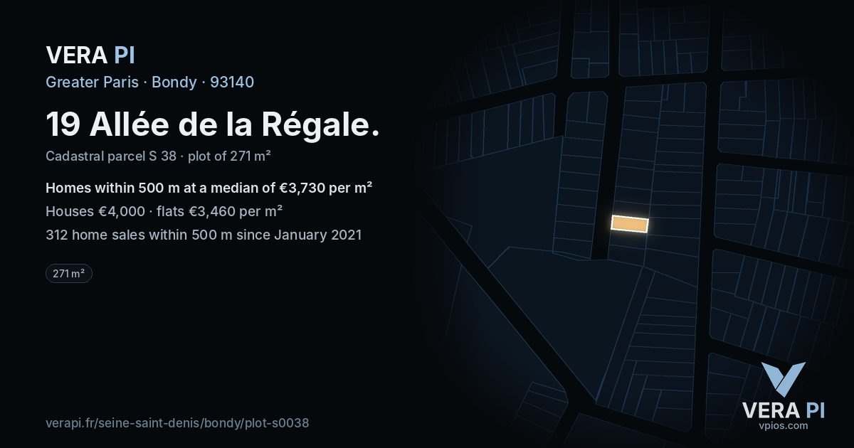 19 Allée de la Régale, Bondy at night – the plot lit, the parcels around coloured by the prices near them