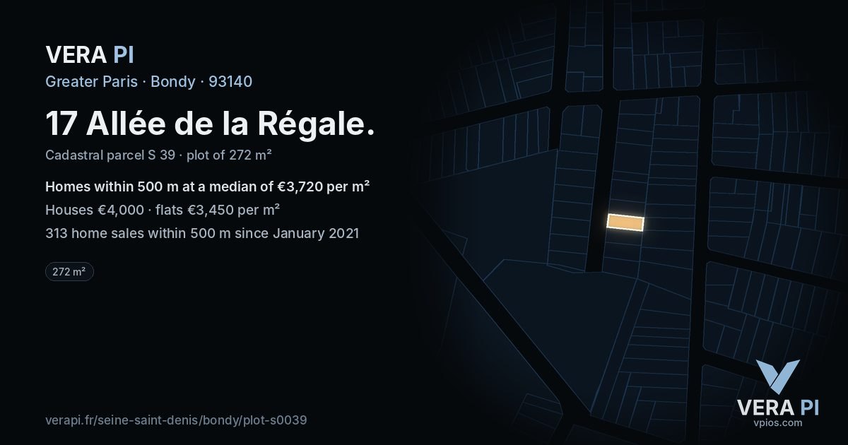 17 Allée de la Régale, Bondy at night – the plot lit, the parcels around coloured by the prices near them