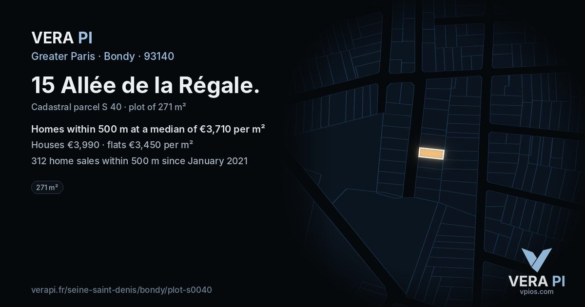 15 Allée de la Régale, Bondy at night – the plot lit, the parcels around coloured by the prices near them