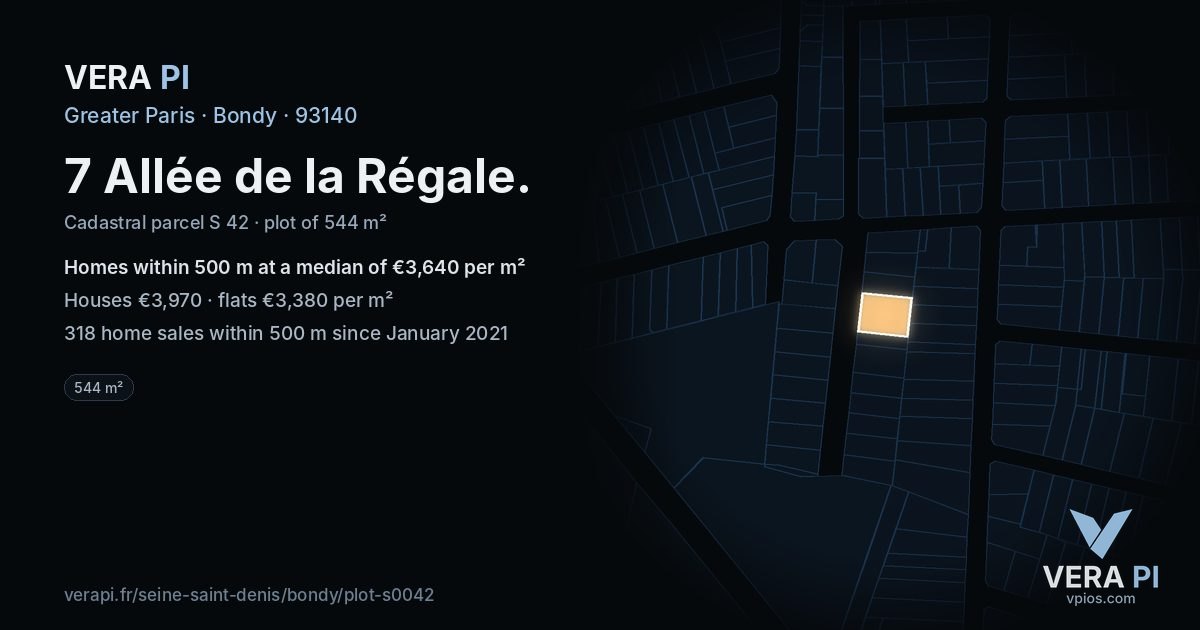 7 Allée de la Régale, Bondy at night – the plot lit, the parcels around coloured by the prices near them