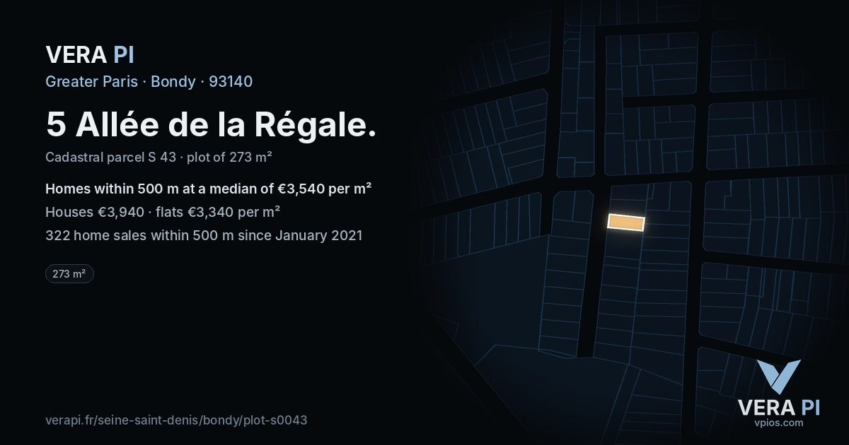 5 Allée de la Régale, Bondy at night – the plot lit, the parcels around coloured by the prices near them