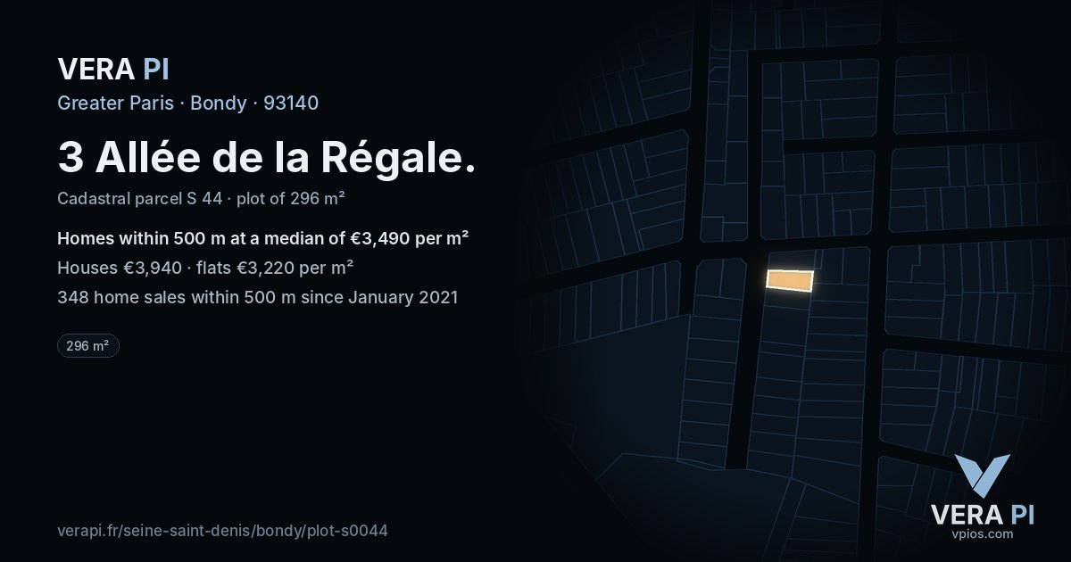 3 Allée de la Régale, Bondy at night – the plot lit, the parcels around coloured by the prices near them
