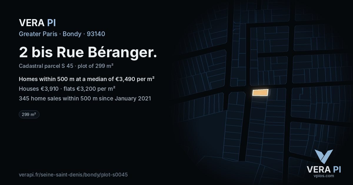 2 bis Rue Béranger, Bondy at night – the plot lit, the parcels around coloured by the prices near them