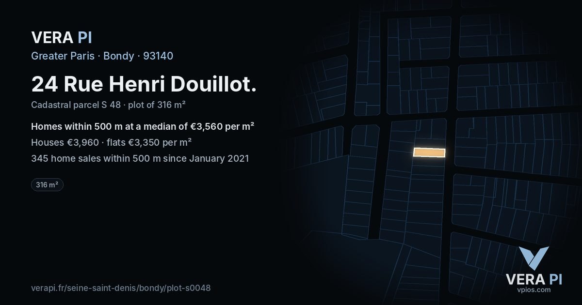 24 Rue Henri Douillot, Bondy at night – the plot lit, the parcels around coloured by the prices near them