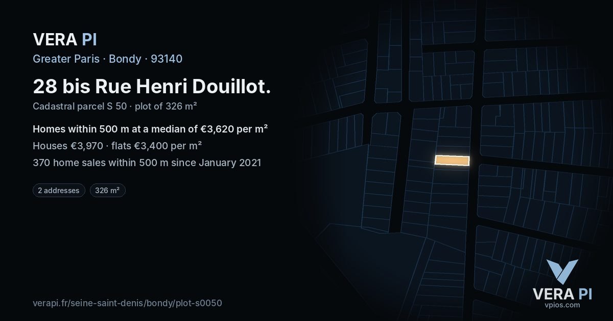 28 bis Rue Henri Douillot, Bondy at night – the plot lit, the parcels around coloured by the prices near them