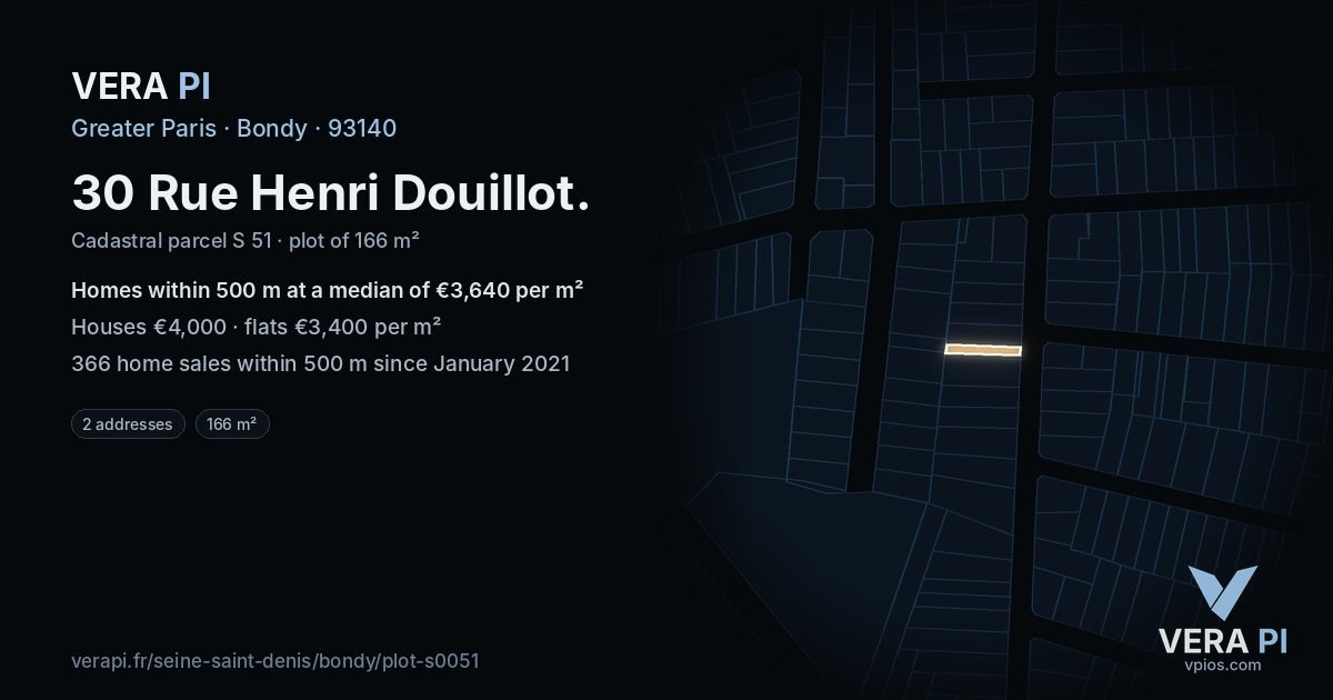 30 Rue Henri Douillot, Bondy at night – the plot lit, the parcels around coloured by the prices near them