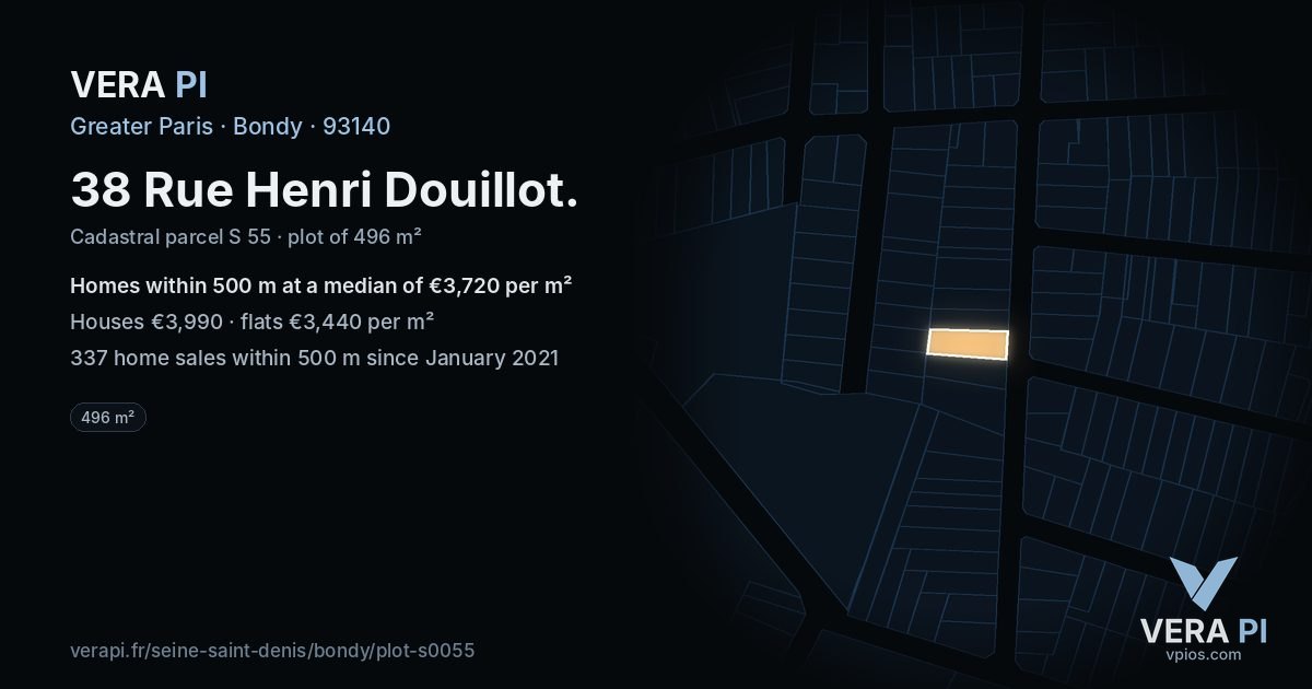 38 Rue Henri Douillot, Bondy at night – the plot lit, the parcels around coloured by the prices near them