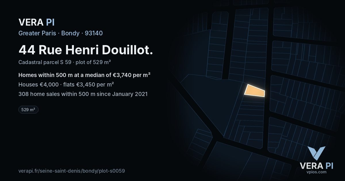 44 Rue Henri Douillot, Bondy at night – the plot lit, the parcels around coloured by the prices near them