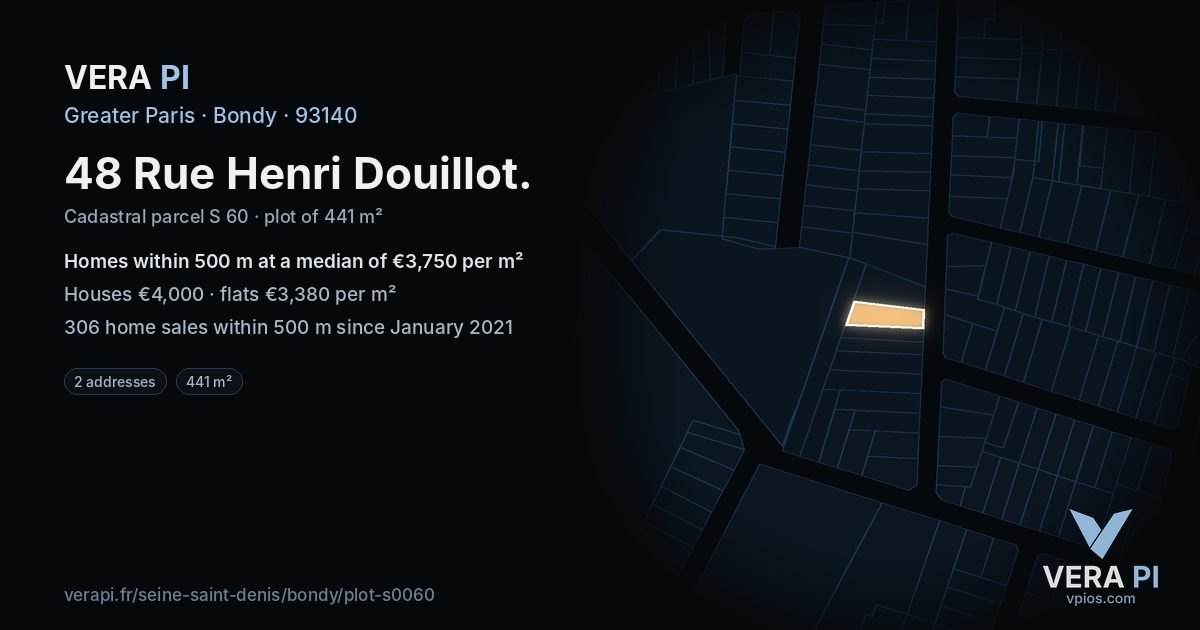 48 Rue Henri Douillot, Bondy at night – the plot lit, the parcels around coloured by the prices near them