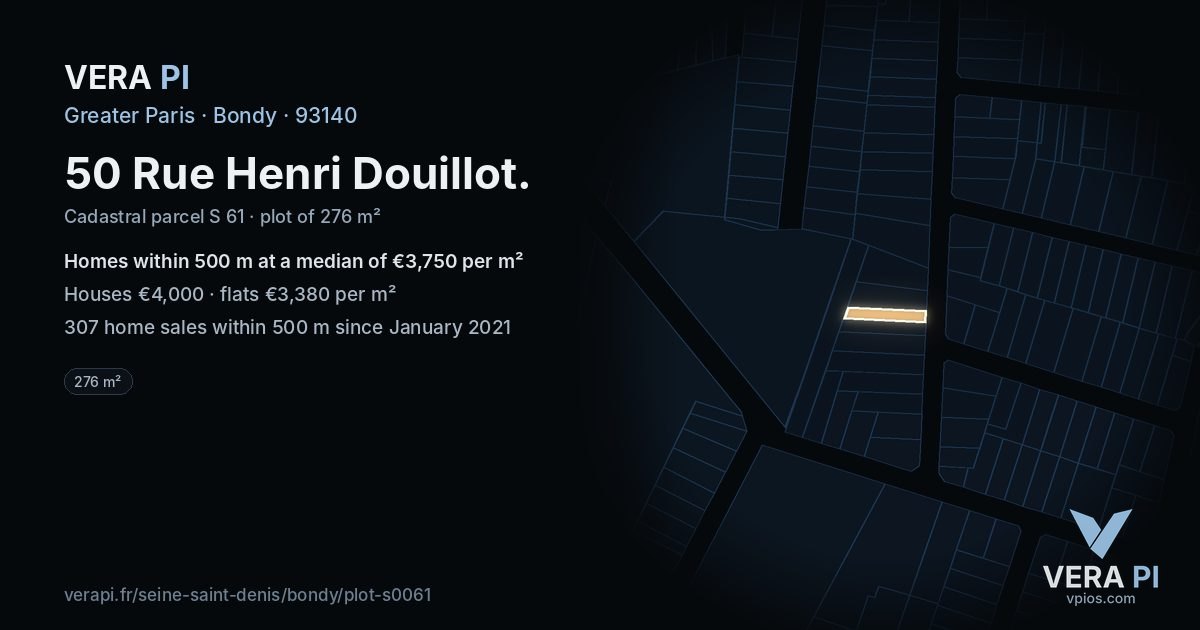 50 Rue Henri Douillot, Bondy at night – the plot lit, the parcels around coloured by the prices near them