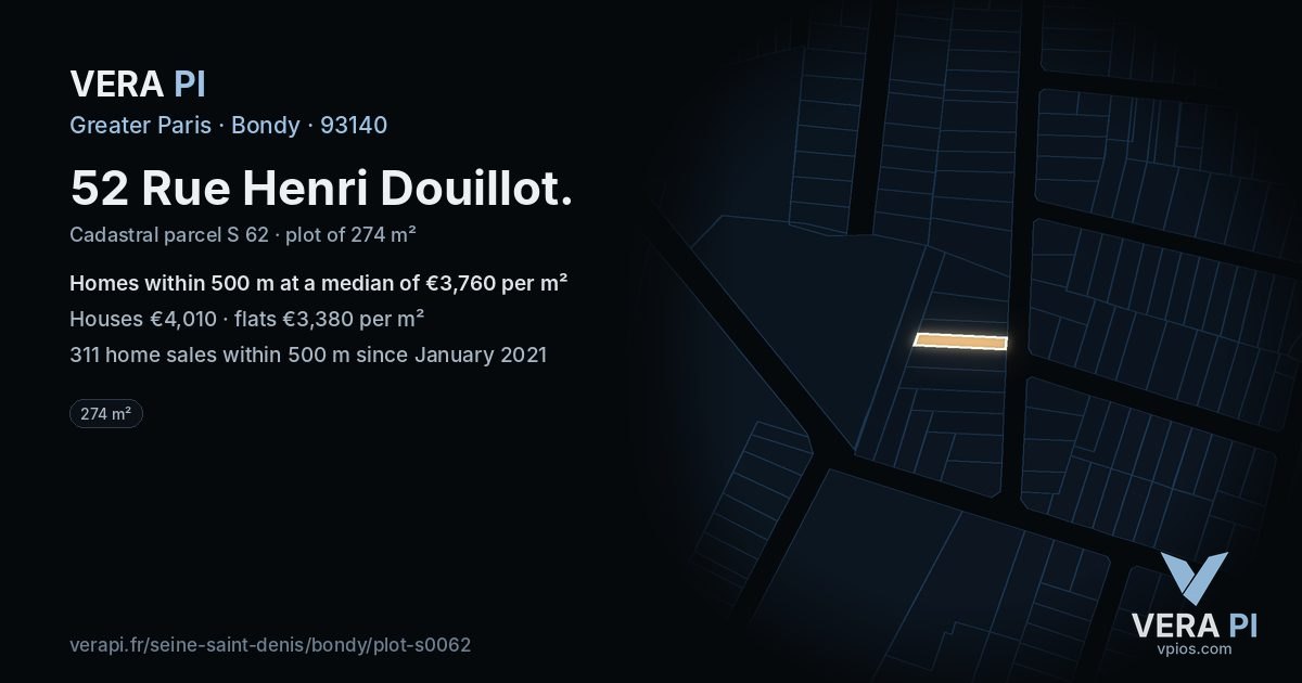 52 Rue Henri Douillot, Bondy at night – the plot lit, the parcels around coloured by the prices near them