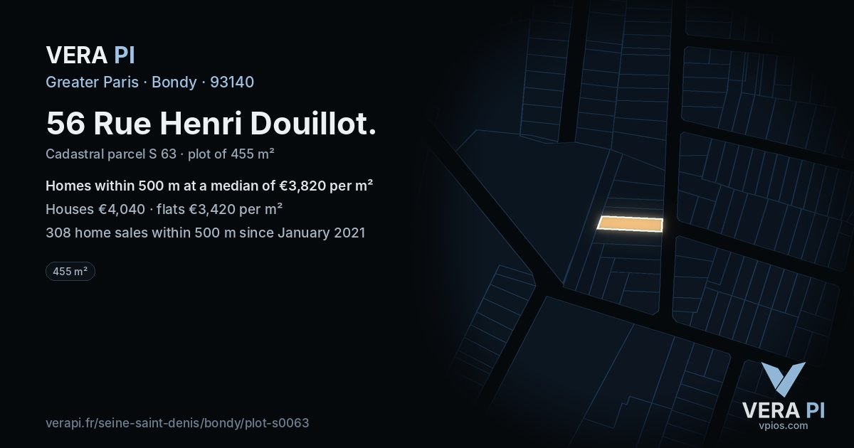 56 Rue Henri Douillot, Bondy at night – the plot lit, the parcels around coloured by the prices near them