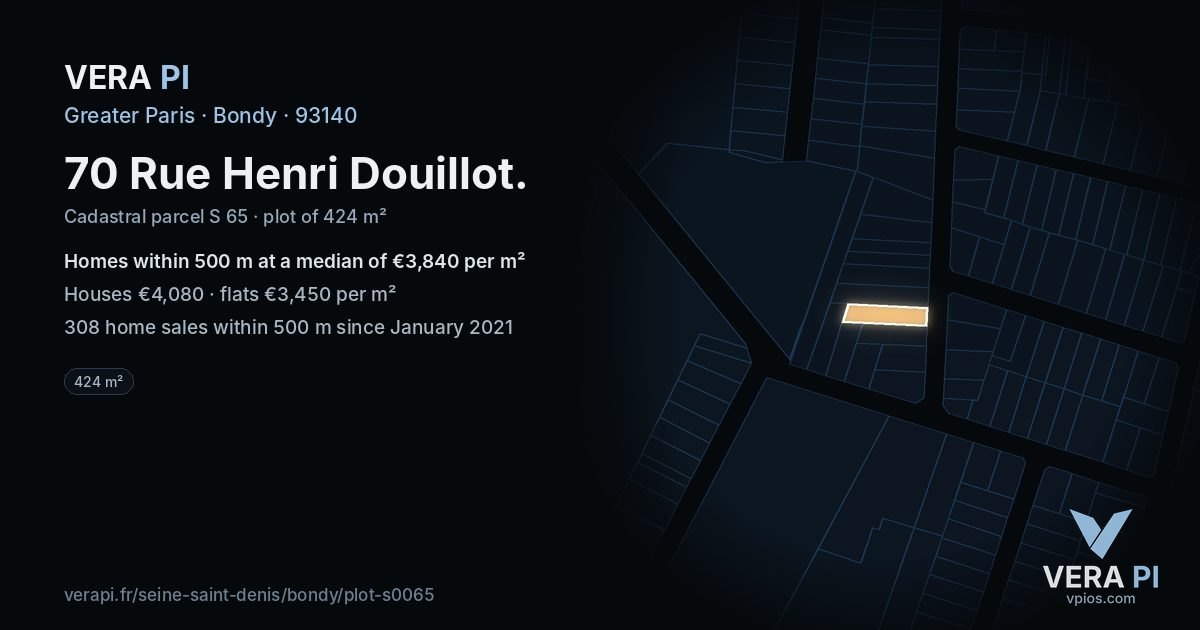 70 Rue Henri Douillot, Bondy at night – the plot lit, the parcels around coloured by the prices near them