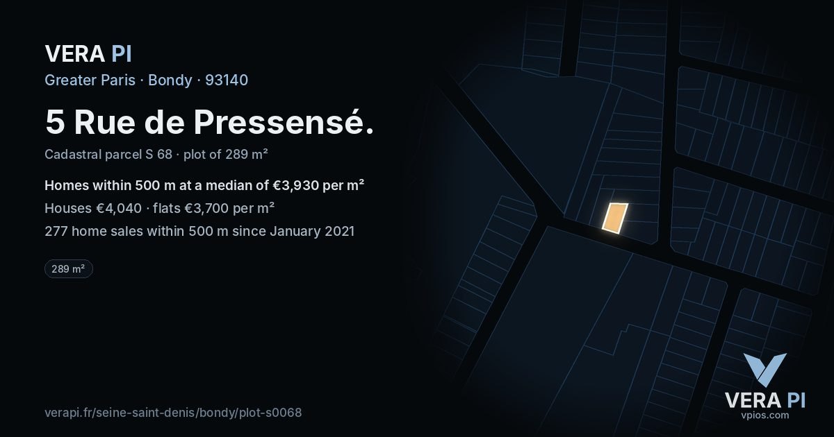 5 Rue de Pressensé, Bondy at night – the plot lit, the parcels around coloured by the prices near them