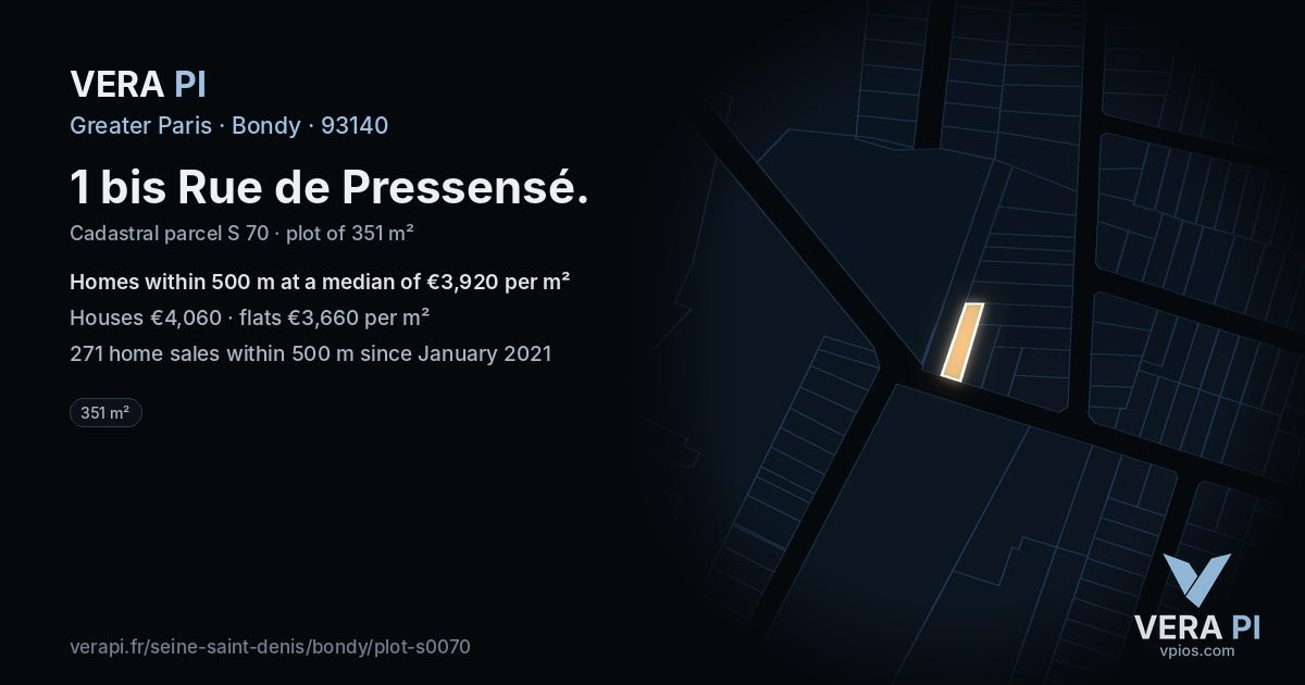 1 bis Rue de Pressensé, Bondy at night – the plot lit, the parcels around coloured by the prices near them