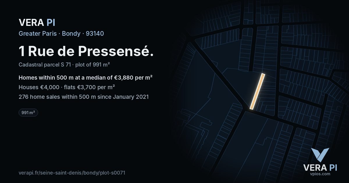 1 Rue de Pressensé, Bondy at night – the plot lit, the parcels around coloured by the prices near them