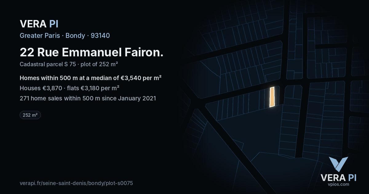 22 Rue Emmanuel Fairon, Bondy at night – the plot lit, the parcels around coloured by the prices near them