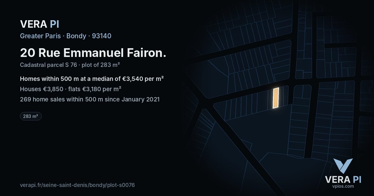 20 Rue Emmanuel Fairon, Bondy at night – the plot lit, the parcels around coloured by the prices near them