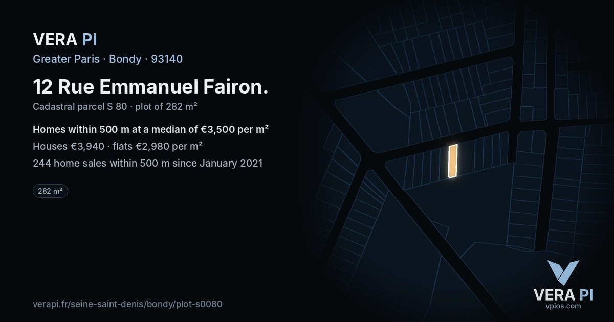 12 Rue Emmanuel Fairon, Bondy at night – the plot lit, the parcels around coloured by the prices near them