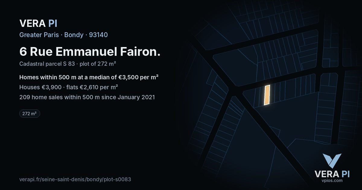 6 Rue Emmanuel Fairon, Bondy at night – the plot lit, the parcels around coloured by the prices near them