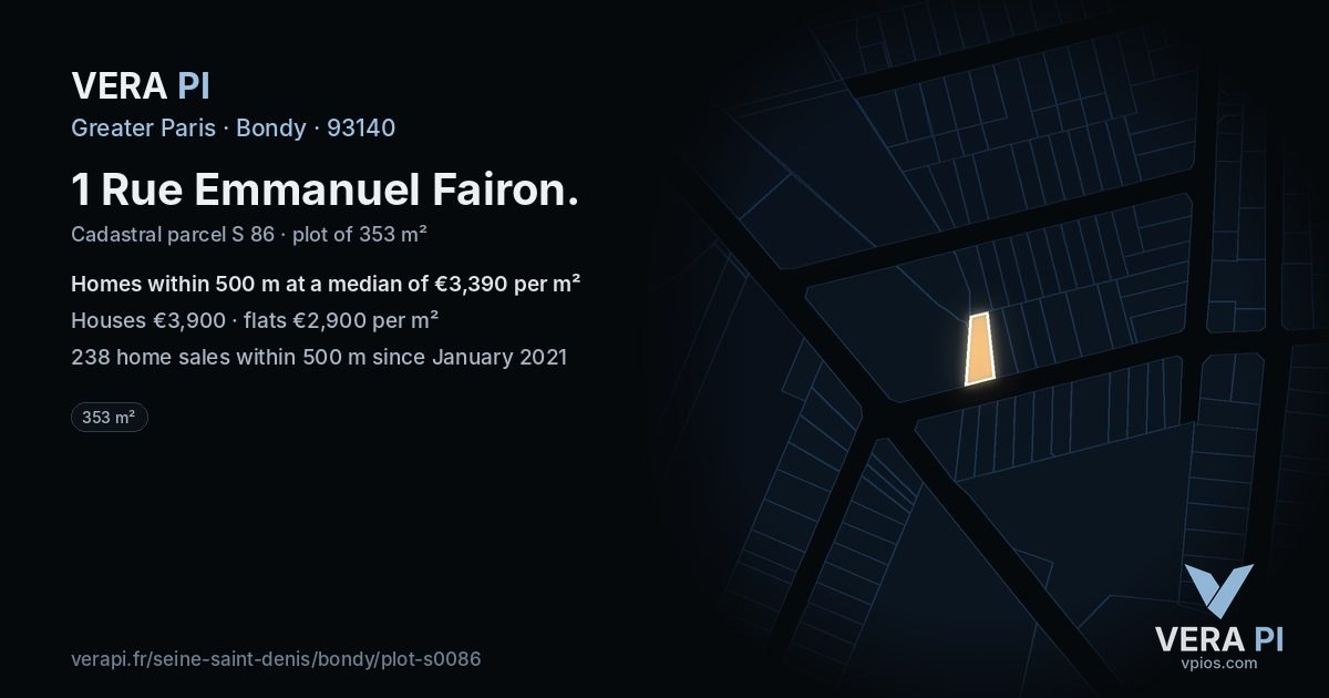 1 Rue Emmanuel Fairon, Bondy at night – the plot lit, the parcels around coloured by the prices near them