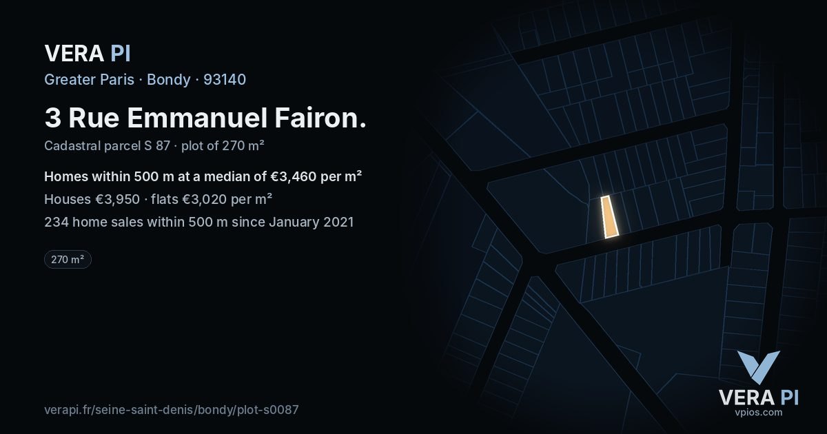 3 Rue Emmanuel Fairon, Bondy at night – the plot lit, the parcels around coloured by the prices near them