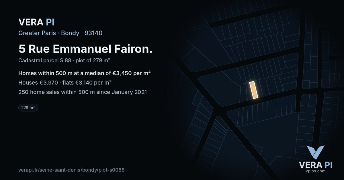 5 Rue Emmanuel Fairon, Bondy at night – the plot lit, the parcels around coloured by the prices near them