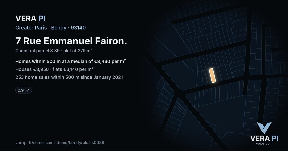 7 Rue Emmanuel Fairon, Bondy at night – the plot lit, the parcels around coloured by the prices near them