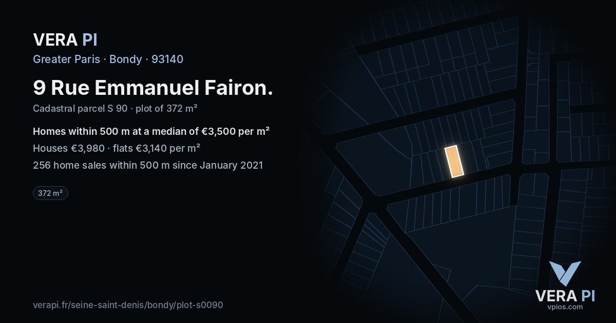 9 Rue Emmanuel Fairon, Bondy at night – the plot lit, the parcels around coloured by the prices near them