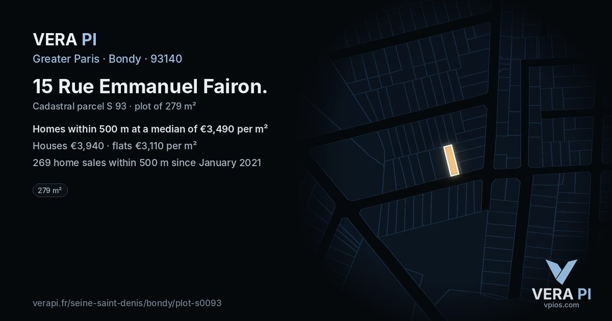 15 Rue Emmanuel Fairon, Bondy at night – the plot lit, the parcels around coloured by the prices near them