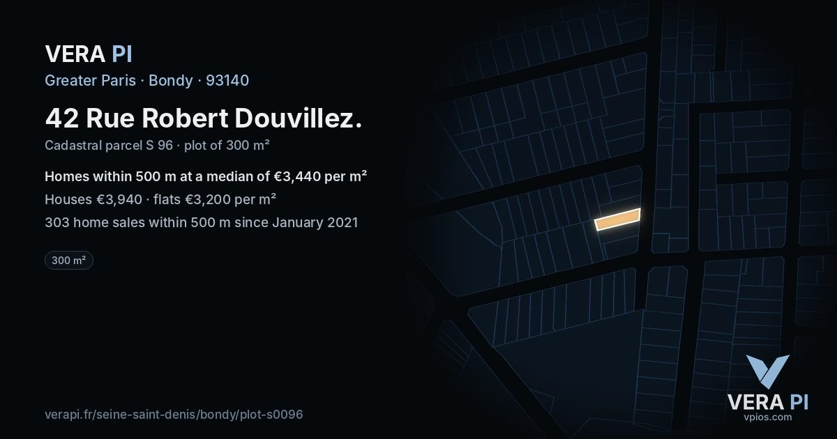 42 Rue Robert Douvillez, Bondy at night – the plot lit, the parcels around coloured by the prices near them