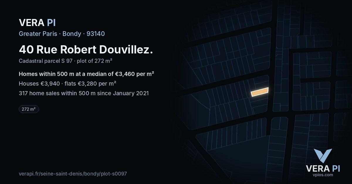 40 Rue Robert Douvillez, Bondy at night – the plot lit, the parcels around coloured by the prices near them