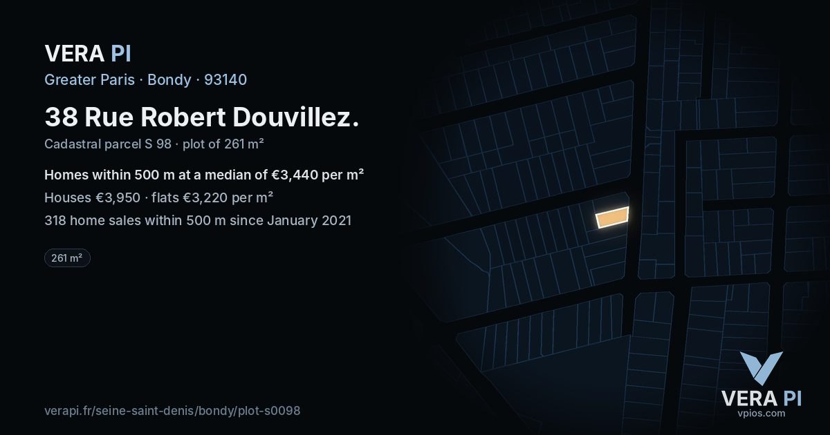 38 Rue Robert Douvillez, Bondy at night – the plot lit, the parcels around coloured by the prices near them