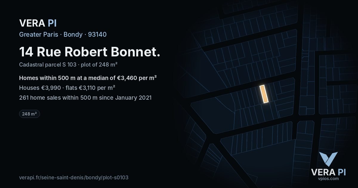 14 Rue Robert Bonnet, Bondy at night – the plot lit, the parcels around coloured by the prices near them