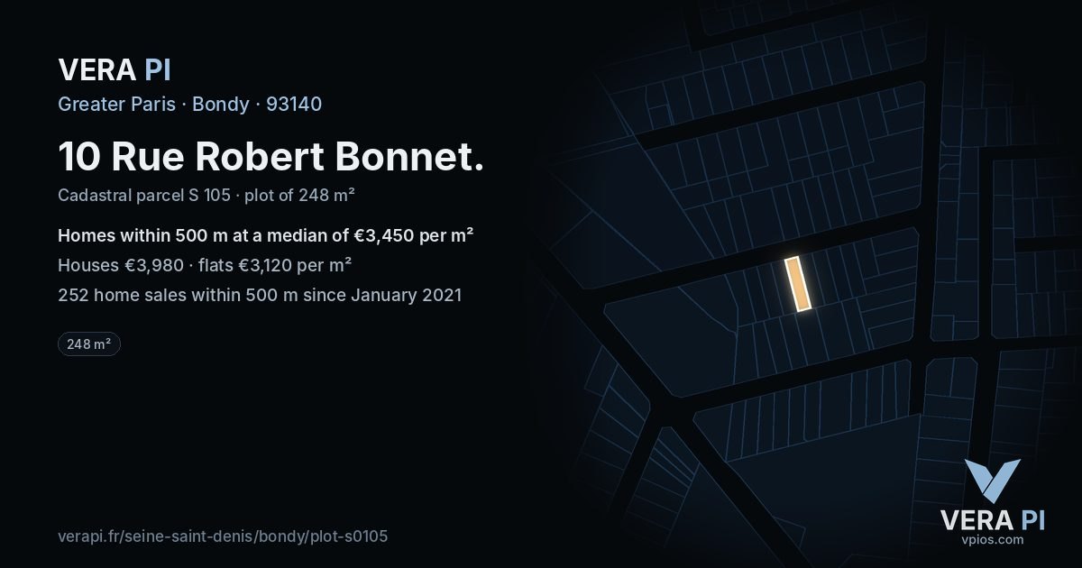 10 Rue Robert Bonnet, Bondy at night – the plot lit, the parcels around coloured by the prices near them