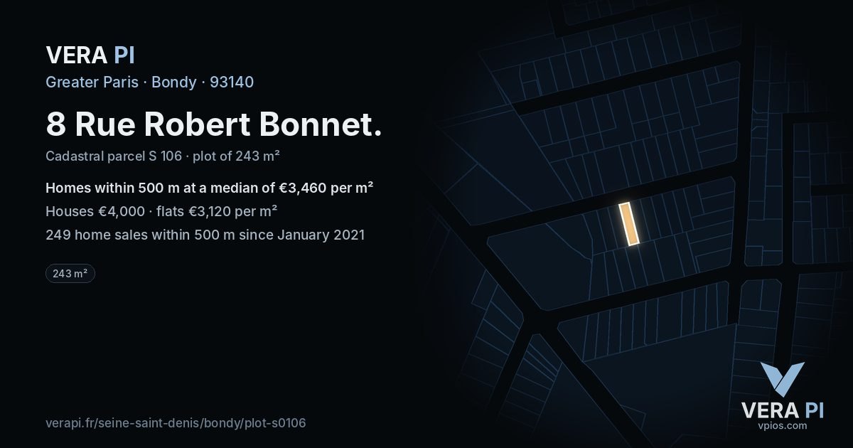 8 Rue Robert Bonnet, Bondy at night – the plot lit, the parcels around coloured by the prices near them