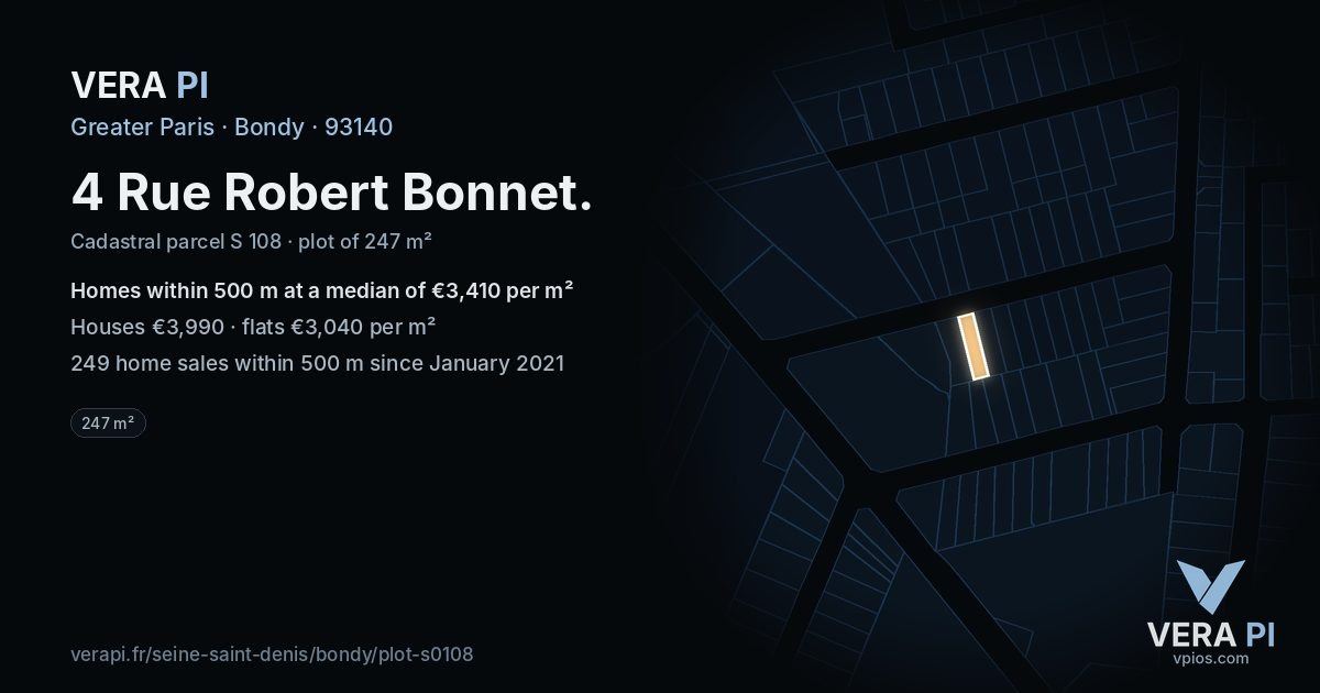 4 Rue Robert Bonnet, Bondy at night – the plot lit, the parcels around coloured by the prices near them