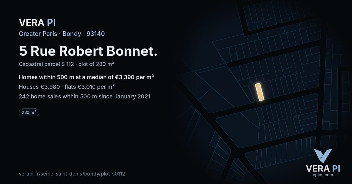 5 Rue Robert Bonnet, Bondy at night – the plot lit, the parcels around coloured by the prices near them